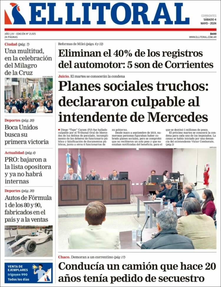 Tapa del diario El Litoral
