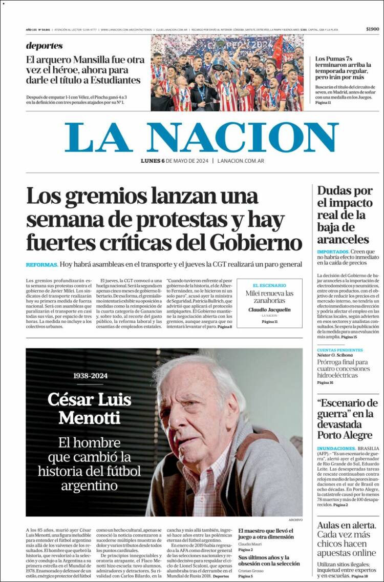 Tapa del diario La Nacion