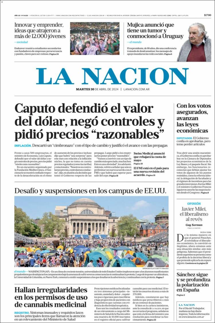 Tapa del diario La Nacion